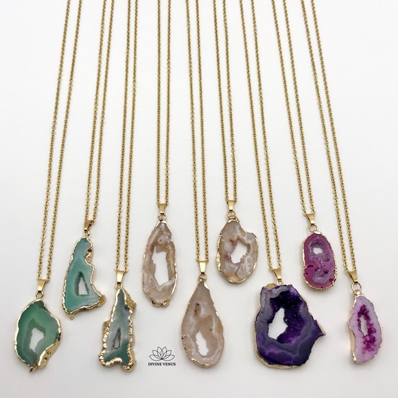 Druzy Agate Necklace | Stainless Steel Chain - Picture 3 of 10